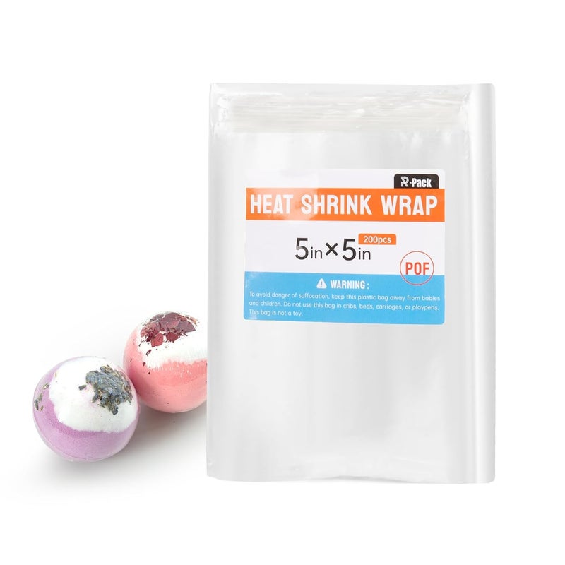 R-PACK Heat Shrink Bags, 200 Pieces 5x5" Heat Shrink Wrap for Soap, Bath Bombs, Candles, Jars and Homemade DIY Projects - Image 1